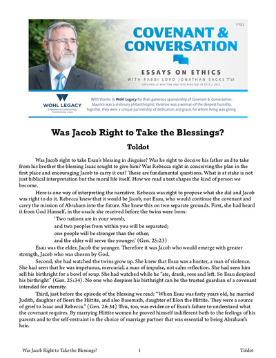 Covenant & Conversation — Parshas Toldos