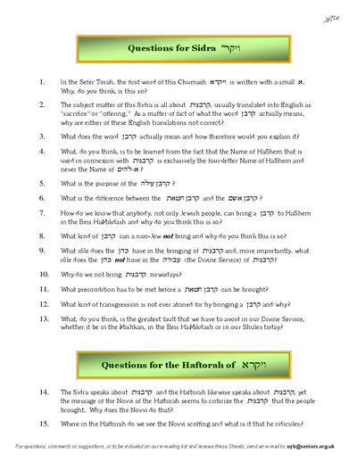 Questions on the Sidra — Parshas Vayikra