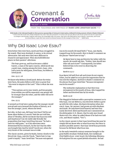 Covenant & Conversation — Parshas Toldos