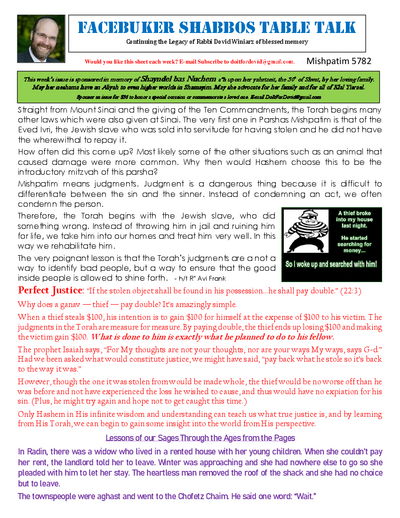 Facebuker Shabbos Table Talk — Parshas Mishpatim