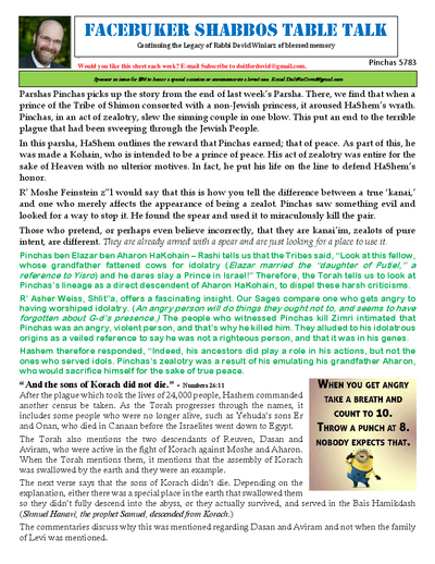 Facebuker Shabbos Table Talk — Parshas Pinchas