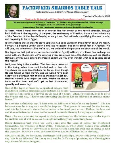 Facebuker Shabbos Table Talk — Parshas Tazria