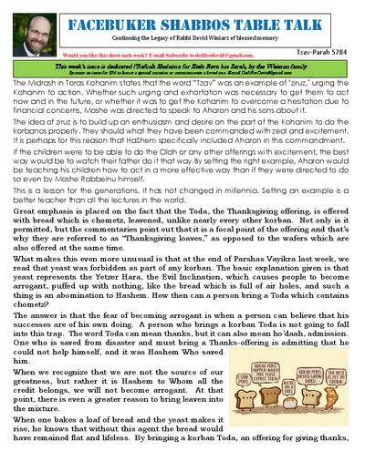 Facebuker Shabbos Table Talk — Parshas Tsav