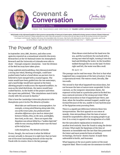 Covenant & Conversation — Parshas Beshalach