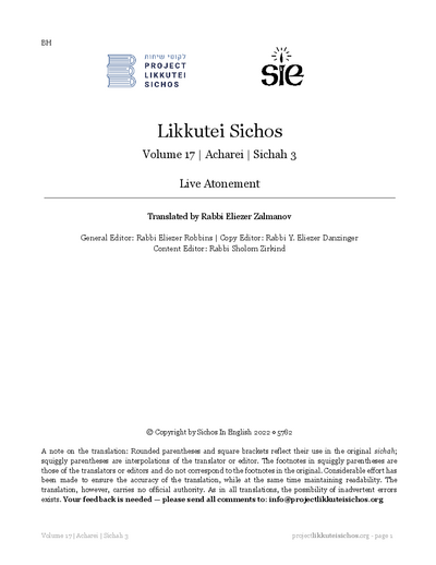 Project Likkutei Sichos — Parshas Acharei Mos