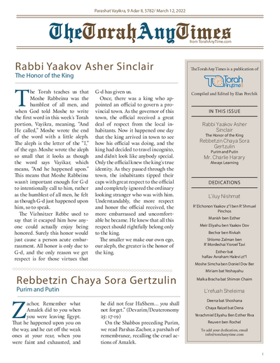 The Torah Anytimes — Parshas Vayikra