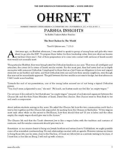 OHRNET — Parshas Chayei Sarah
