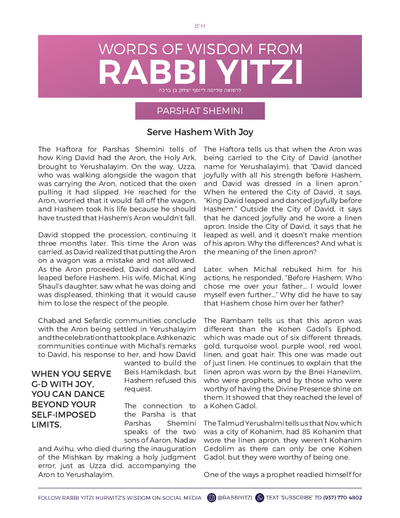 Words of Wisdom from Rabbi Yitzi — Parshas Shemini