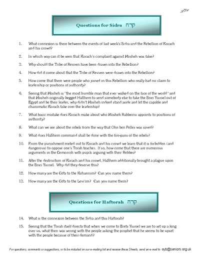 Questions on the Sidra — Parshas Korach