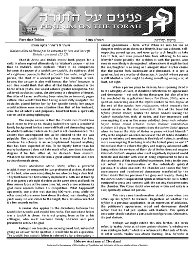 Peninim on the Torah — Parshas Toldos
