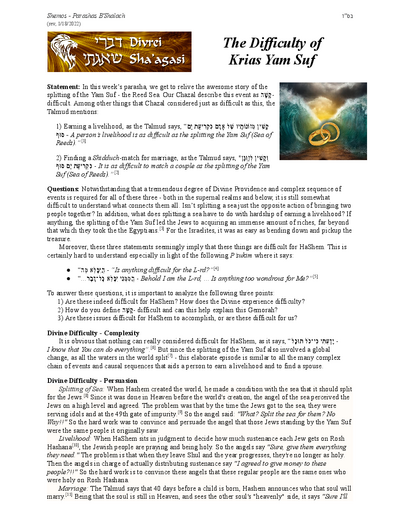 Divrei Shaagasi — Parshas Beshalach