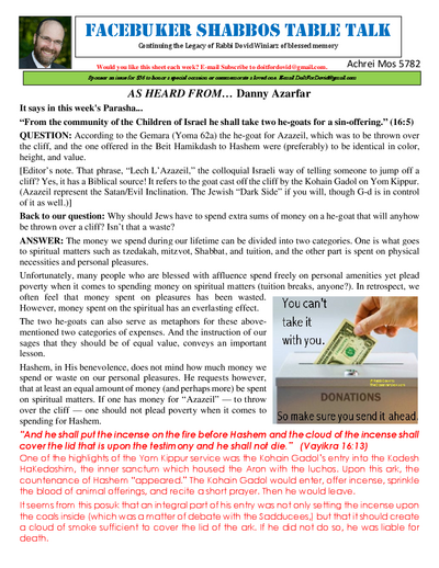 Facebuker Shabbos Table Talk — Parshas Acharei Mos