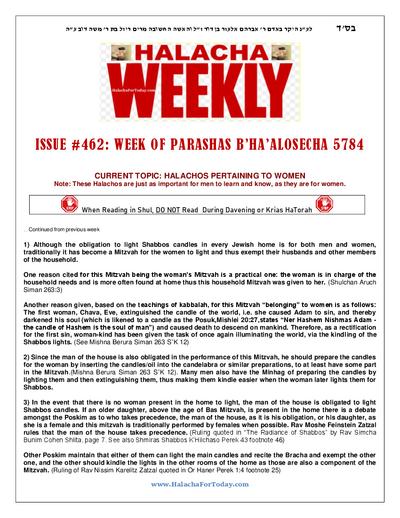Halacha Weekly — Parshas Behaalotcha