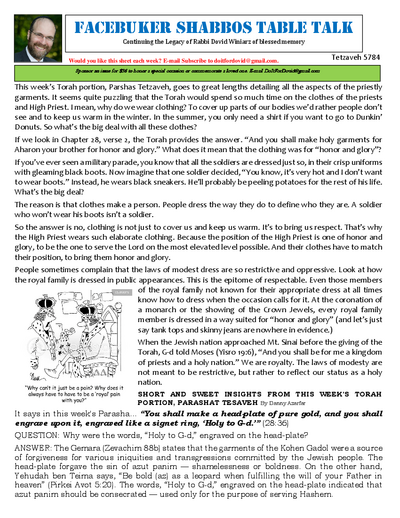 Facebuker Shabbos Table Talk — Parshas Tetzaveh