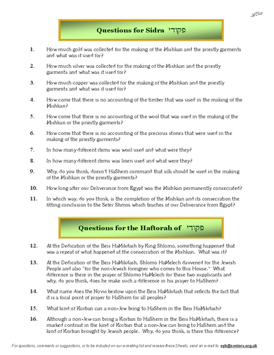 Questions on the Sidra — Parshas Pekudei