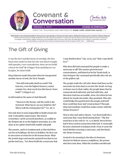 Covenant & Conversation — Parshas Terumah