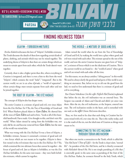 Bilvavi — Parshas Acharei Mos-Kedoshim