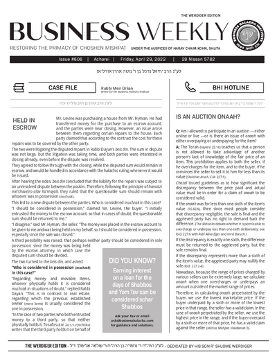 Business Weekly — Parshas Acharei Mos