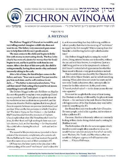 Zichron Avinoam — Parshas Behaalotcha