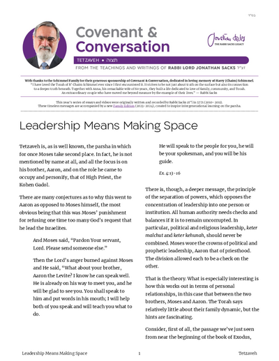 Covenant & Conversation — Parshas Tetzaveh