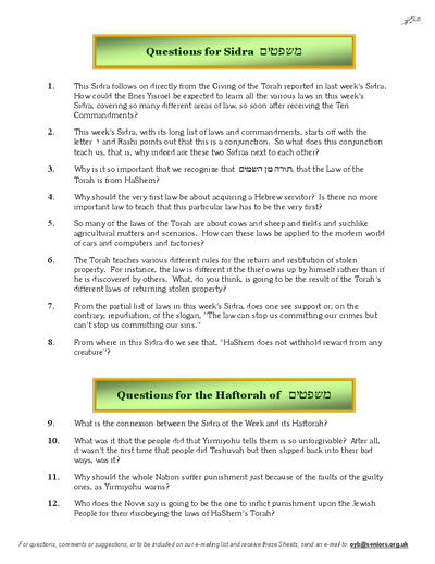 Questions on the Sidra — Parshas Mishpatim