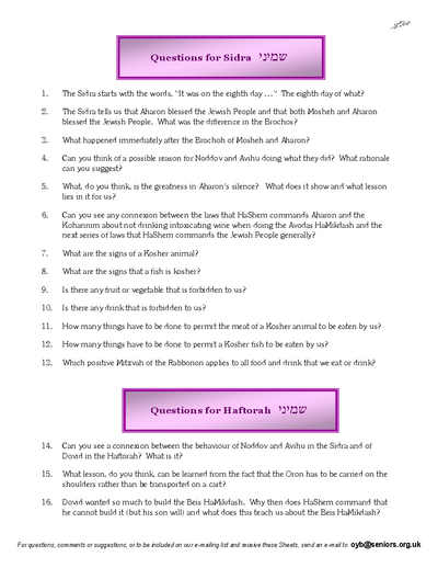 Questions on the Sidra — Parshas Shemini