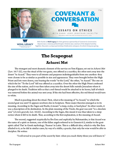 Covenant & Conversation — Parshas Acharei Mos