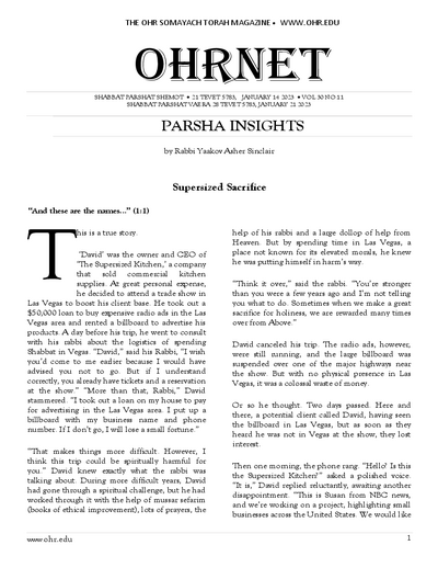 OHRNET — Parshas Shemos
