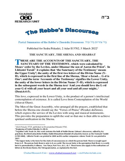 Chabad Research Unit — Parshas Pekudei