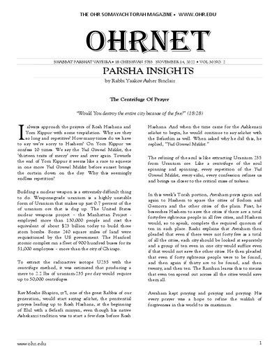 OHRNET — Parshas Vayeira