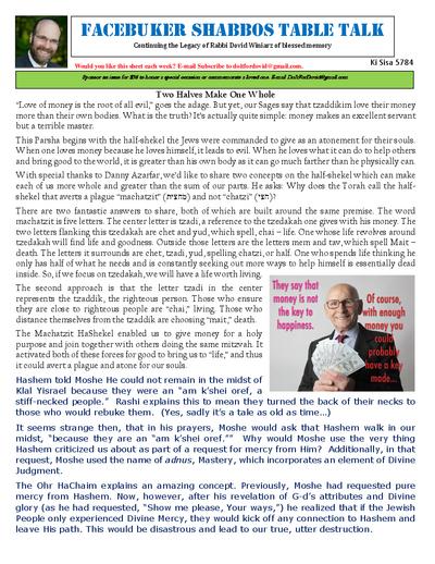 Facebuker Shabbos Table Talk — Parshas Ki Sisa