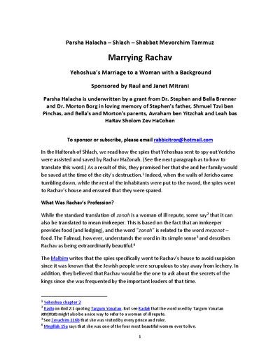 Parsha Halacha — Parshas Shlach
