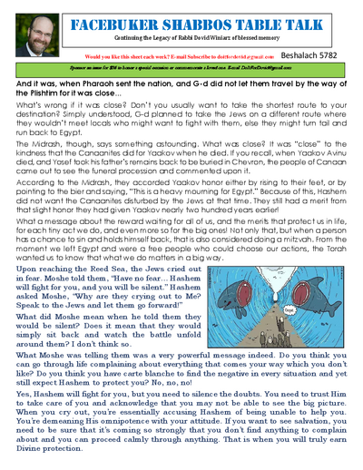 Facebuker Shabbos Table Talk — Parshas Beshalach