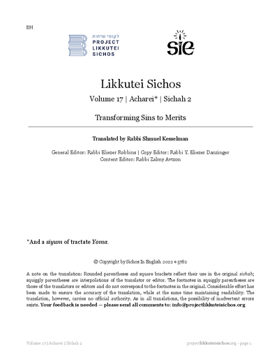 Project Likkutei Sichos — Parshas Acharei Mos