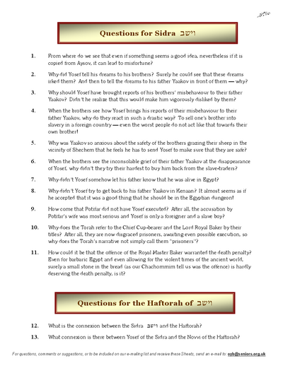 Questions on the Sidra — Parshas Vayeishev