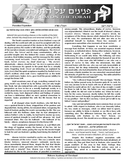 Peninim on the Torah — Parshas Vayeishev