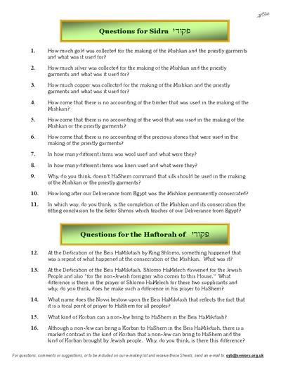 Questions on the Sidra — Parshas Pekudei