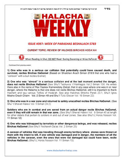 Halacha Weekly — Parshas Beshalach