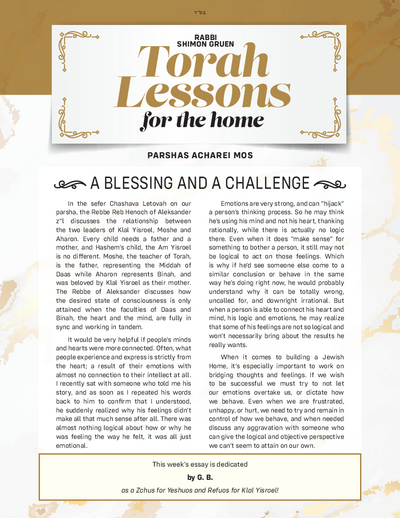 Torah Lessons for the Home — Parshas Acharei Mos