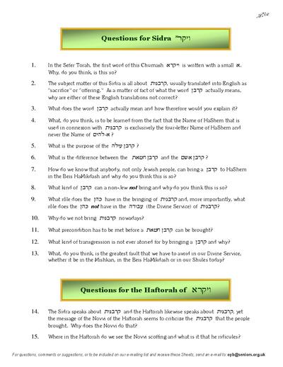 Questions on the Sidra — Parshas Vayikra