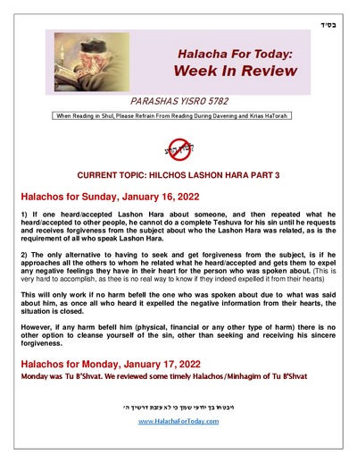 Halacha Weekly — Parshas Yisro