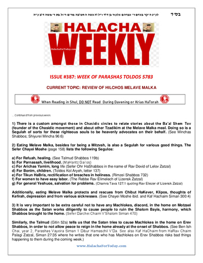 Halacha Weekly — Parshas Toldos