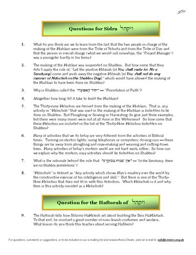 Questions on the Sidra — Parshas Vayak'hel-Pekudei