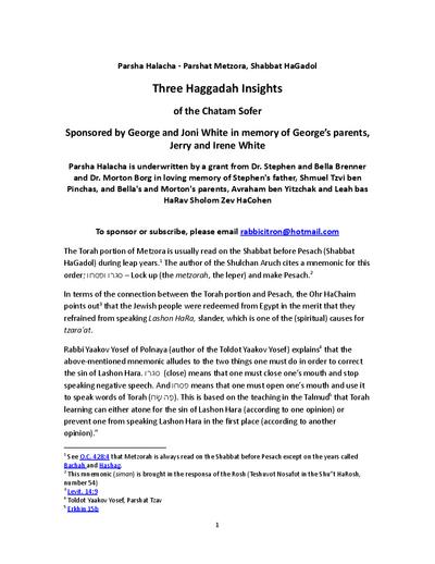 Parsha Halacha — Parshas Pesach
