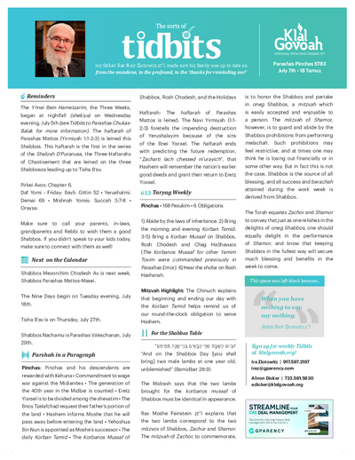 Tidbits — Parshas Pinchas