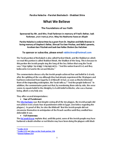 Parsha Halacha — Parshas Beshalach