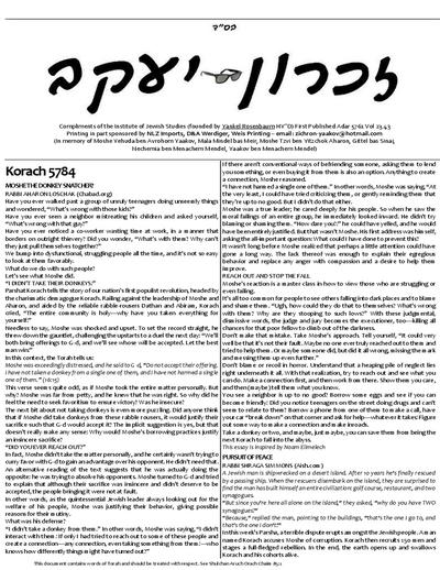 זכרון יעקב — Parshas Korach