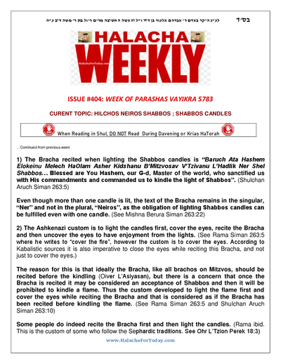 Halacha Weekly — Parshas Vayikra
