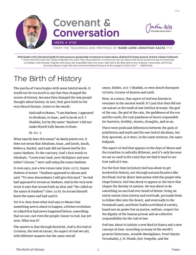 Covenant & Conversation — Parshas Va'eira