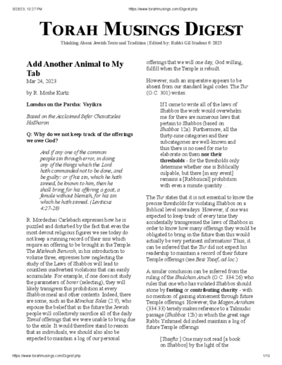 Torah Musings — Parshas Vayikra